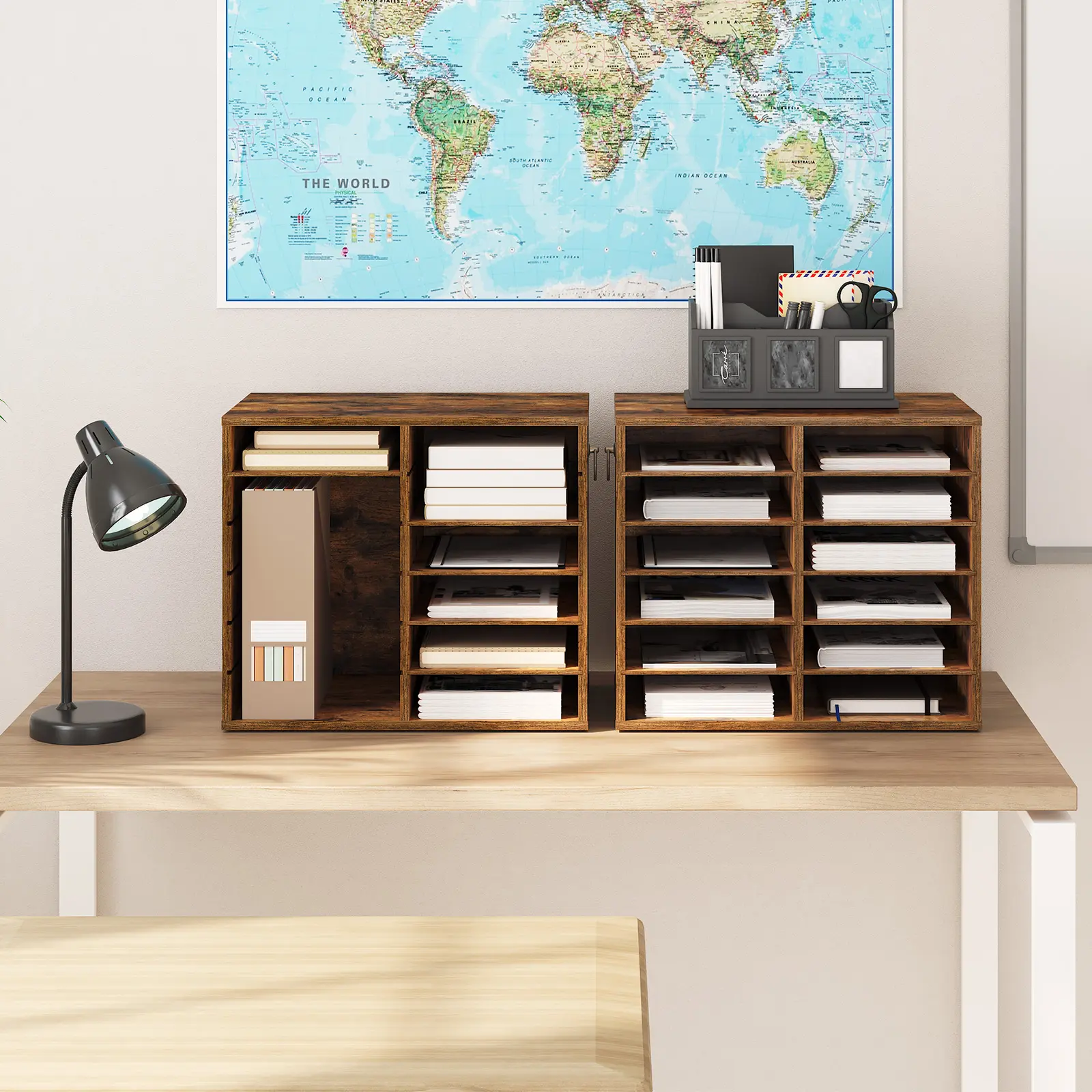 HOOBRO File Storage Cabinets, Rustic Brown Literature Organizers, 12 Compartments Office Mailbox with Adjustable Shelves, Wood Countertop Literature Sorter for Office, Home