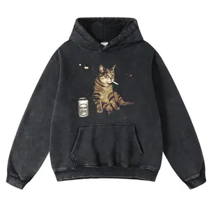 WACKY CAT Hoodie Vintage High-Quality Crew Neck oversized loose Fit Cotton Fabric Casual Comfort Windproof Warm Funny Long Sleeve Sweatshirt Fashion for Men and Women Top Daily Wear 102001 P