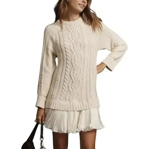 Women Cable Knit Sweater Dress Crewneck Long Sleeve Pleated Mini Dress Twofer Style Patchwork Dress(Sheets)