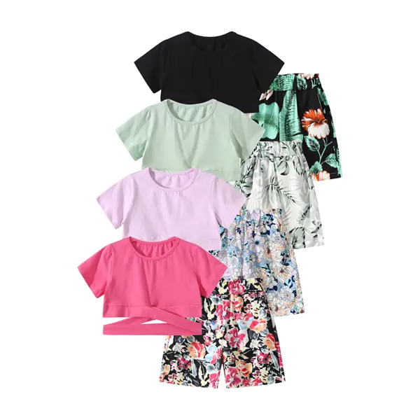 #SummerVibes 8-piece girls' summer fashion short-sleeved shorts suit children's casual fashion outdoor suit solid color jacket printed shorts suit Clothes Sets