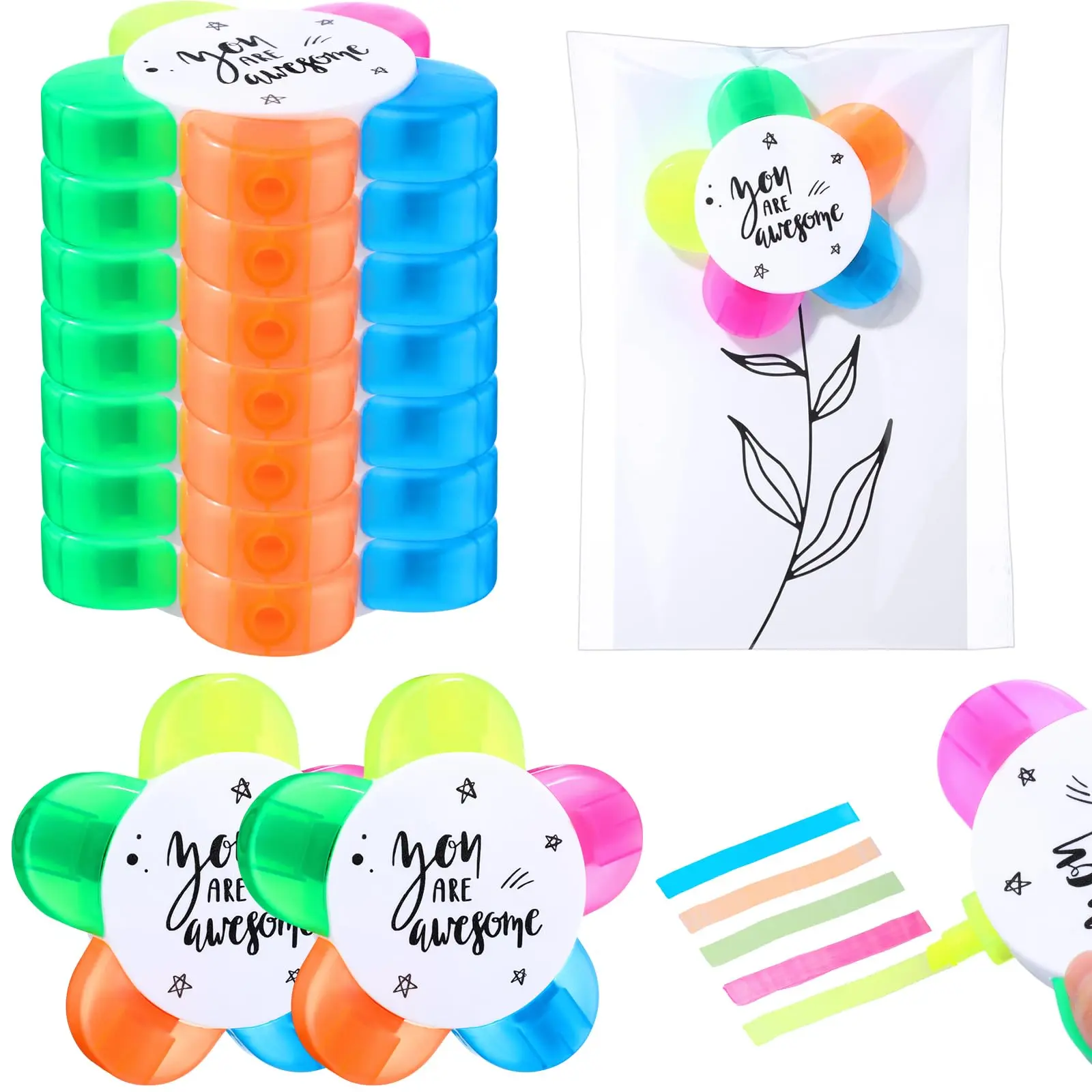 12/24 Sets Back to School Gifts for Students, 5-in-1 Motivational Petal Flower Highlighters Inspirational Cards and Gift Bags, Bulk Classroom Exchange Gifts, Party Favors, First Day of School Teacher Rewards