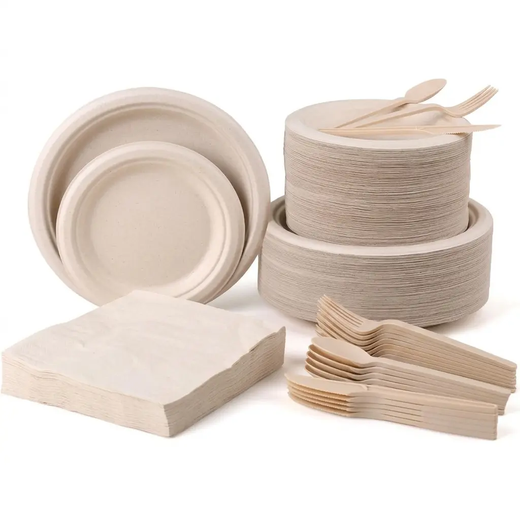 300 Pack Compostable Party Supplies Set for 50 Guests – Heavy Duty Sugarcane Bagasse Paper Plates, Disposable Cutlery Set (Forks, Spoons) – Eco-Friendly, Biodegradable Dinnerware for Birthday, Wedding, Catering