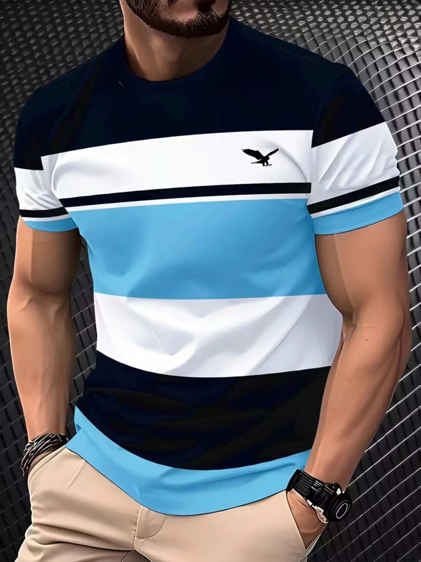 Men's Short Sleeve T-Shirt, Breathable Round Neck, Non-See-Through, Lightweight Comfortable Fitted Casual Wear, Eagle Logo Fashion Tee, Casual Streetwear Top, Menswear for All Seasons, Casual Summer Tee, Casual Streetwear Clothes