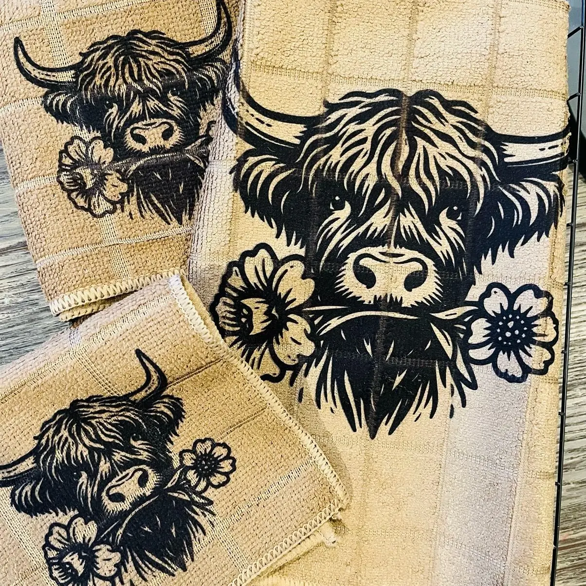 Highland cow , Rooster , BBQ, Pig kitchen towel set 7 pieces Soft Absorbent