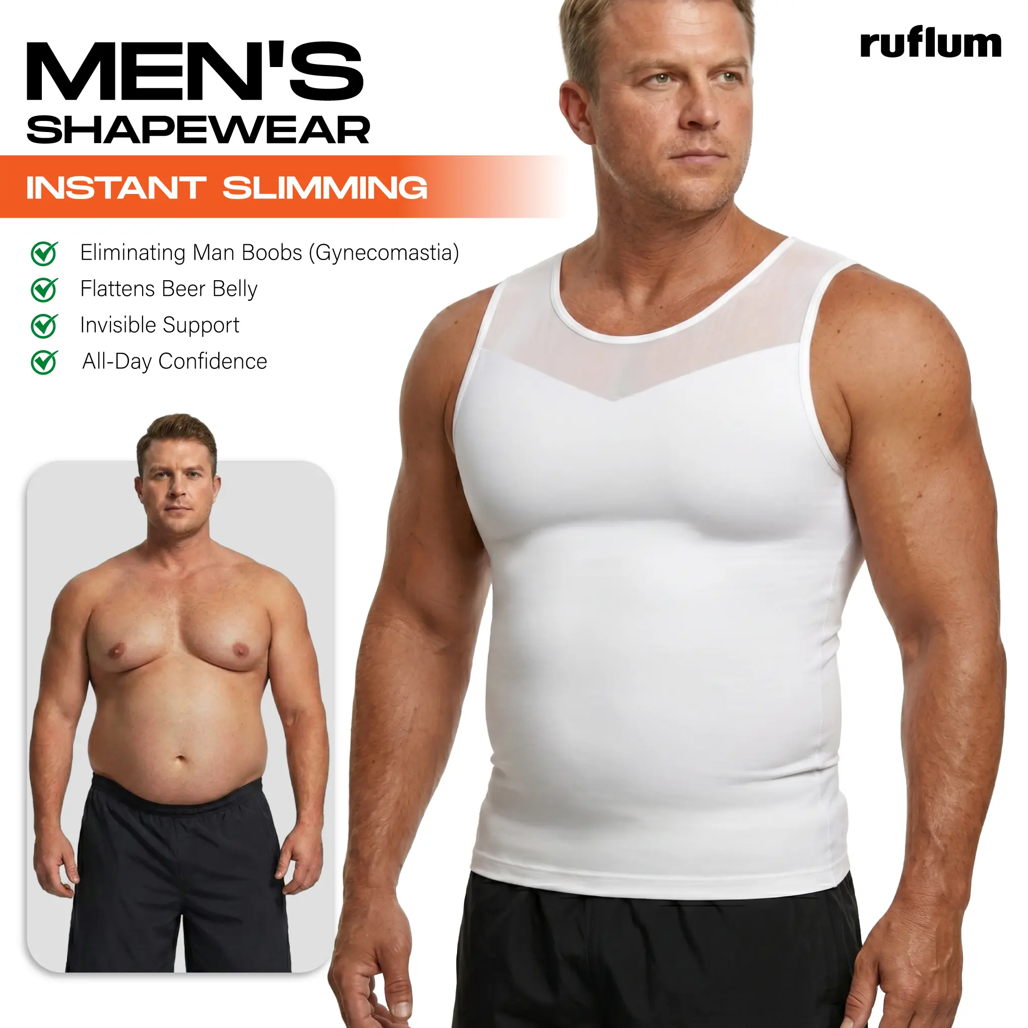 【ruflum】Men's Compression Shapewear Tank Top Body Shaper Seamless Undershirts Tummy Control Hide Man Boobs X-Shape Back Stretch Posture Correction Breathable Mesh Fabric Basic Menswear for Special Events Business Dating Wedding Sports Gym