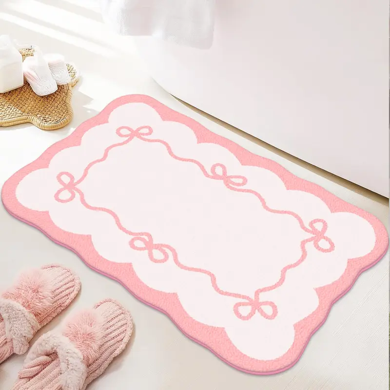 Plush Absorbent Bath Mat in Sweet with Cute Bow Design, Soft Comfortable Water Absorbent Rug for Bathroom & Doorway, Bathroom Decorative Mat, Bathroom Drying Doormat, Bathroom Mats, Bath Rugs, Fun Bathroom Rugs, Bathmats for Bathroom