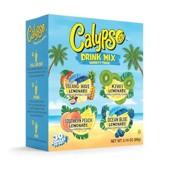 Singles To Go! Calypso Powdered Drink Mix, Lemonade Variety Pack, 30 Ct | On-the-go, low calorie water enhancer, island wave, kiwi, southern peach, ocean blue, lemonade powder, flavored water packets