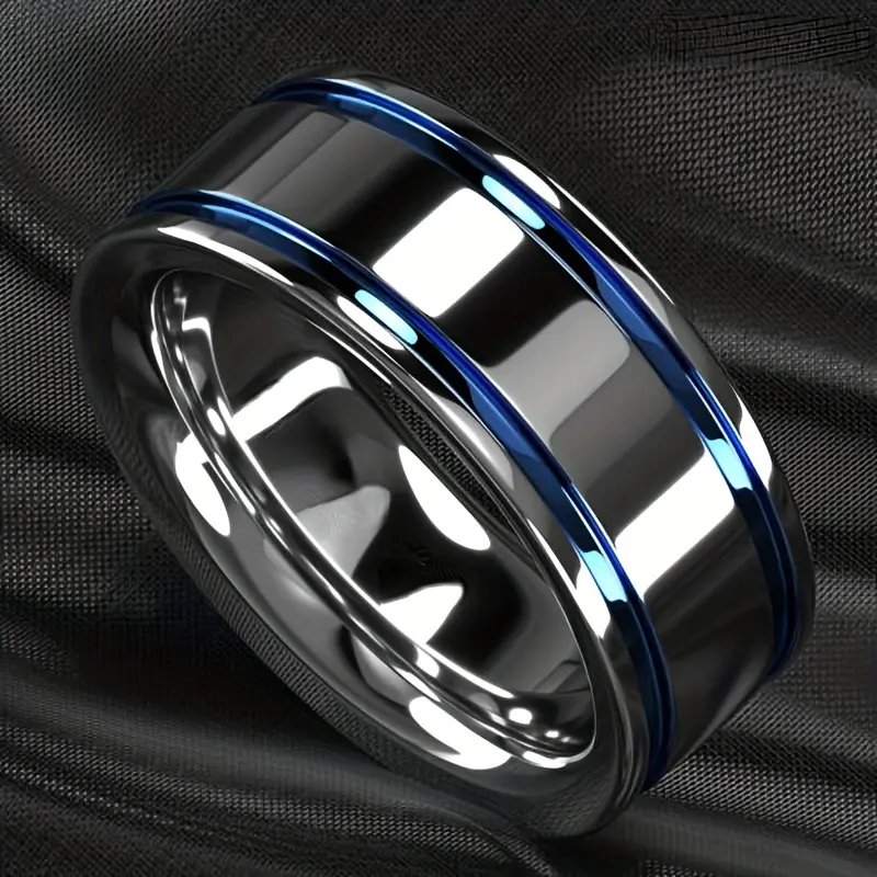 1 piece of men's titanium steel stainless steel ring -8mm wide, stylish and modern design, polished black finish with blue accents, durable and comfortable to wear engagement/engagement ring, suitable for casual and formal occasions, high-quality fashiona