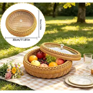 [HOMEGLOBE]1 natural-style handmade imitation rattan round storage basket, with lid, made of PP material, lightweight and durable, not easily damaged, multi-functional storage basket, suitable for home, kitchen, and shelves