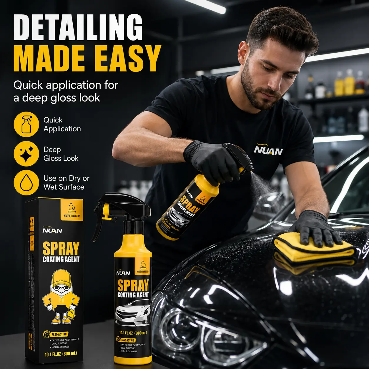 NUAN Nano Car Coating Spray - Professional Auto Detailing Surface Spray with Superior Water Beading, UV Defense