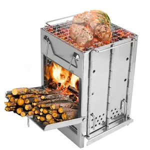 Foldable Camping Wood Burning Stove with Grill, Camp Stove Collapsible Backpacking Stove Stainless Steel Campfire Stove for Outdoor Cooking Picnic Hiking BBQ (Sliver-Large)