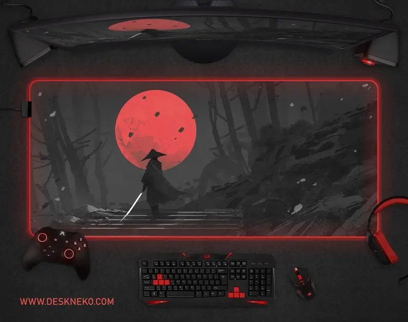 Red Moon Samurai Desk Mat Japanese Mousepad, LED RGB gaming deskpad matt, black oni sun ninja warrior gamer, XXL xl large deskmat mouse pad, Desk Mat Gifts