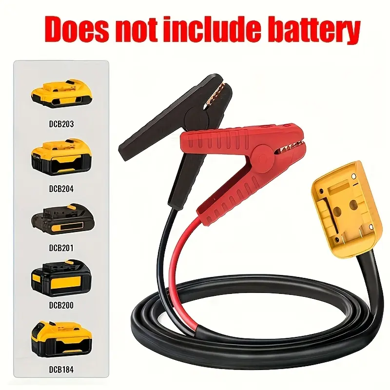 Dewalt battery-powered car jumper starter cables with adapter, compatible with 18V/20V DCB battery starters, suitable for 1.59-gallon gasoline and 1.32-gallon diesel engines, cars, motorcycles, and SUVs; easily and quickly jump-start a dead battery