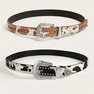 Cow Print Studded Belt with Rhinestone Buckle Street Style Punk Fashion Accessory for Waists 65-96 cm Ideal for Weddings Parties Beach Casual Sports Occasions belt belts for women