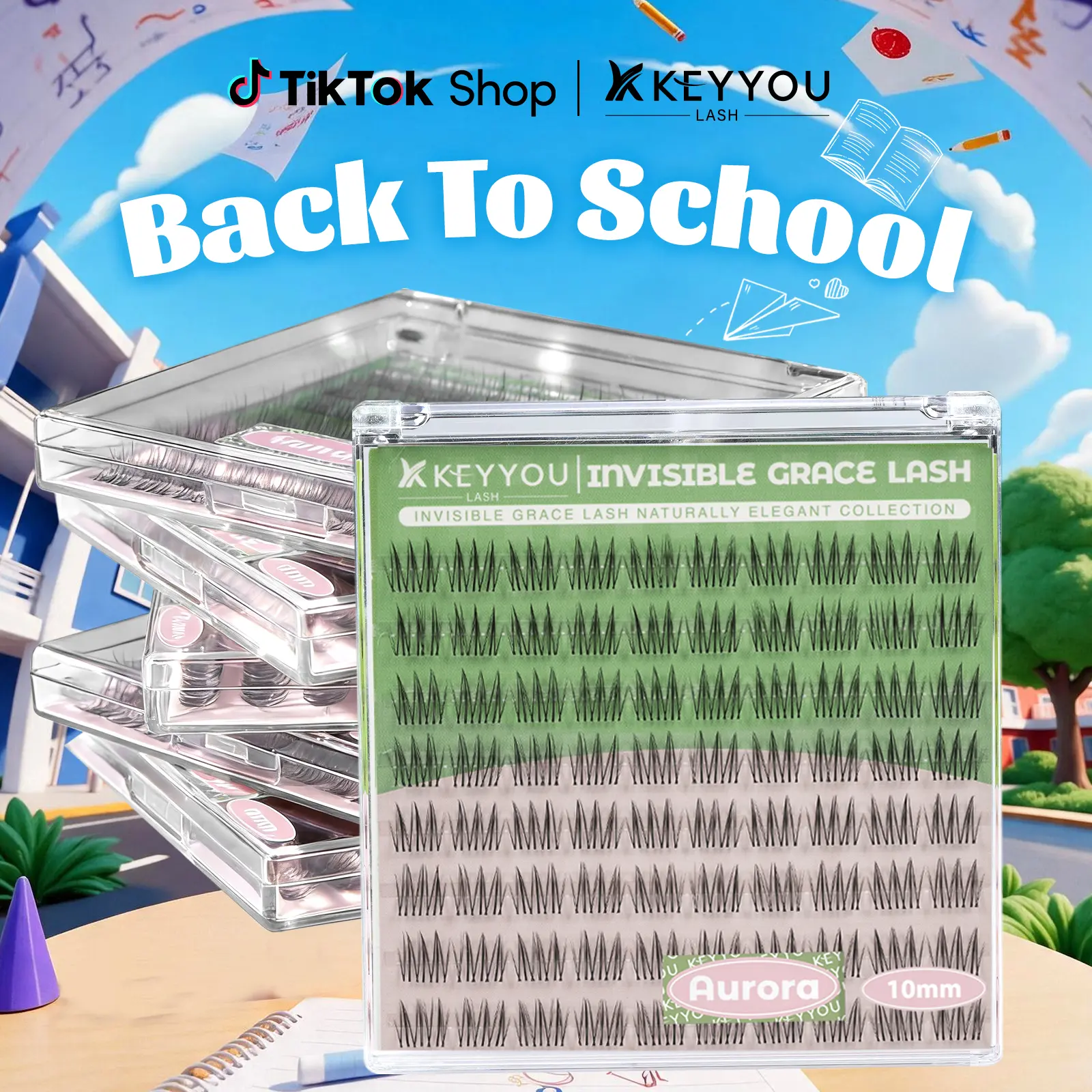 KEYYOU Aurora Single Length DlY Lash Cluster Invsible Band Natural 8mm 10mm 12mm 14mm 16mm Waterproof Long-Lasting Eyelashes Extensions 80pcs C Curl Easy to Use for Flawless Look #BackToSchool