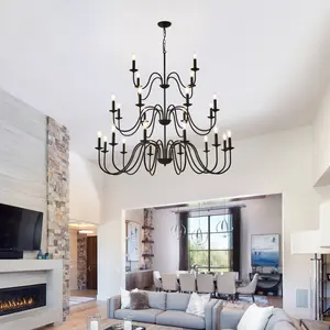Farmhouse Chandelier, Black Metal Chandeliers Light Fixtures Industrial for High Ceiling Living Dining Room Foyer. Adjustable Height-E12