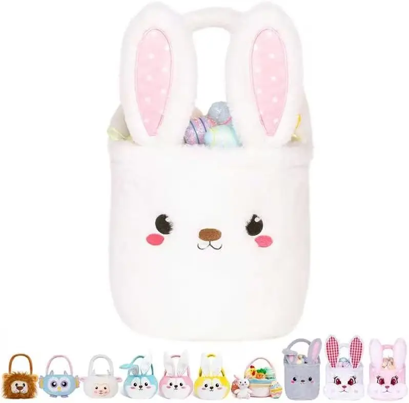 Bunny Easter Basket for Kids, Cute Plush Empty Bucket with Foldable Ears and Handle Egg Hunt Tote Candy Bag Basket for Boy Girl Teens Gift, Easter Basket Decor White 9×9 Inch