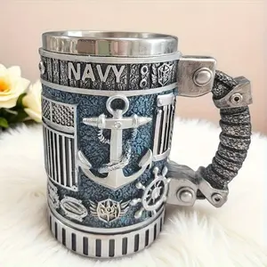 Navy Blue Stainless Steel Anchor Cup PF6033936 with Nautical Resin Inlay Spill-Proof BPA-Free Reusable Coffee Mug Marine-Themed Drinkware for Home Bar Christmas Thanksgiving Easter Hanukkah Portable Travel Mug