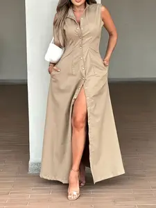New Women's Sleeveless Button Front Split Long Dress, Commuter Chic Mature Casual Style, Fashionable Party Wear, Elegant Daily Aesthetic