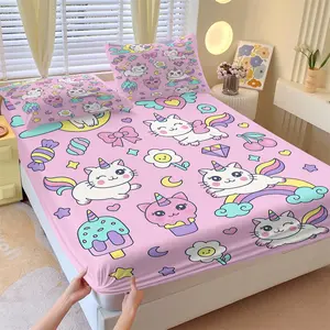 Caticorn Fitted Sheet Set Queen Size 3 Piece, 1 Fitted Sheet + 2 Pillowcases, Deep Pocket Design No Slip Stay In Place Soft Microfiber Bedding, Perfect for Kids Bedroom Nursery Room Decor, Gift for Cat Lovers Unicorn Fans Bedsheet Sets