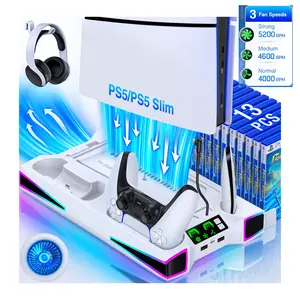 For PS5 Fan Charging Dock,  Dual Controller Charger for 2020/2023 Slim Version, Adjustable Cooling, RGB Light, Game Disk Storage