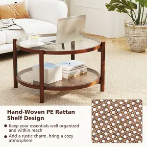 COSTWAY - 31 Inch 2-Tier Round Coffee Table with Tempered Glass Top for Living Room-Cherry