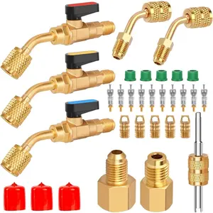 31PCS Angled Ball Valve 1/4 Inch for Air Conditioning Refrigerant R410A,R134A,R12,R22 with Adapter For Mini Split System