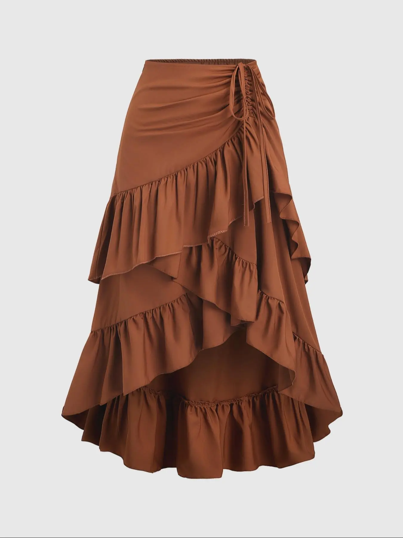 Women's Solid Color Ruffle Hem Woven Skirt with Drawstring, Boho Fashion Casual High Low Hem Skirt for Daily Holiday Vacation Wear, Ladies Bottoms for All Seasons