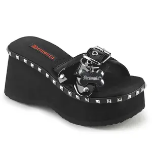 Women's Funn-28 Black Vegan Leather "Belted" Slide Sandal with Bone Shaped Dog Tag Platform Footwear Shoe Girl