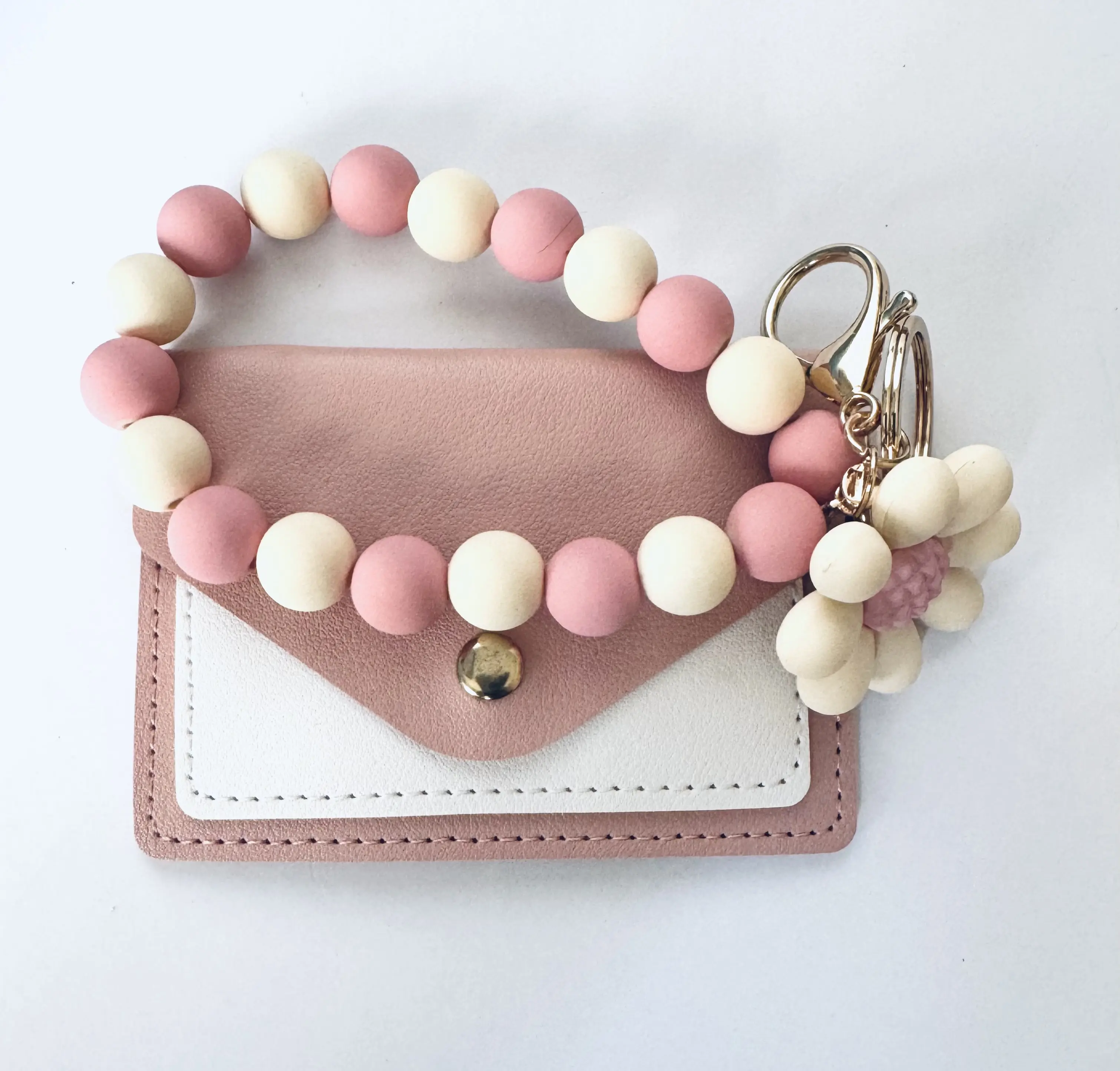 Women's Letter Purse with Daisy Keychain, Envelope Change Purse, Pink and Cream Keychain and purse