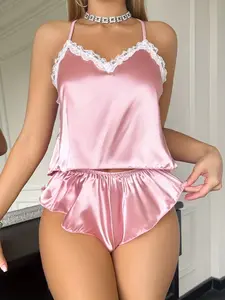 Lace Trim Halter Top Sleepwear Set, Sexy Backless Short Pants Two-Piece, Sweet Homecoming, Comfortable Nightwear, Loungewear, Lingerie, Womenswear