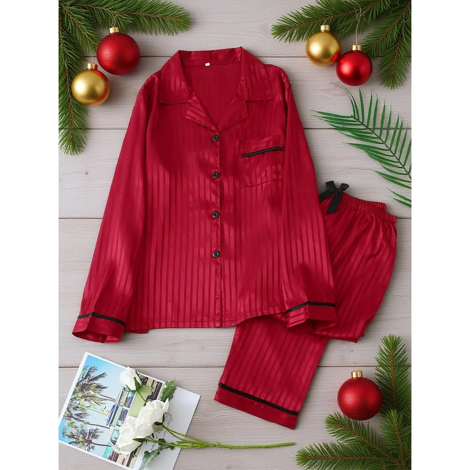Elegant Satin Stripe Jacquard Women's Long-Sleeve Pajama Set with Pants