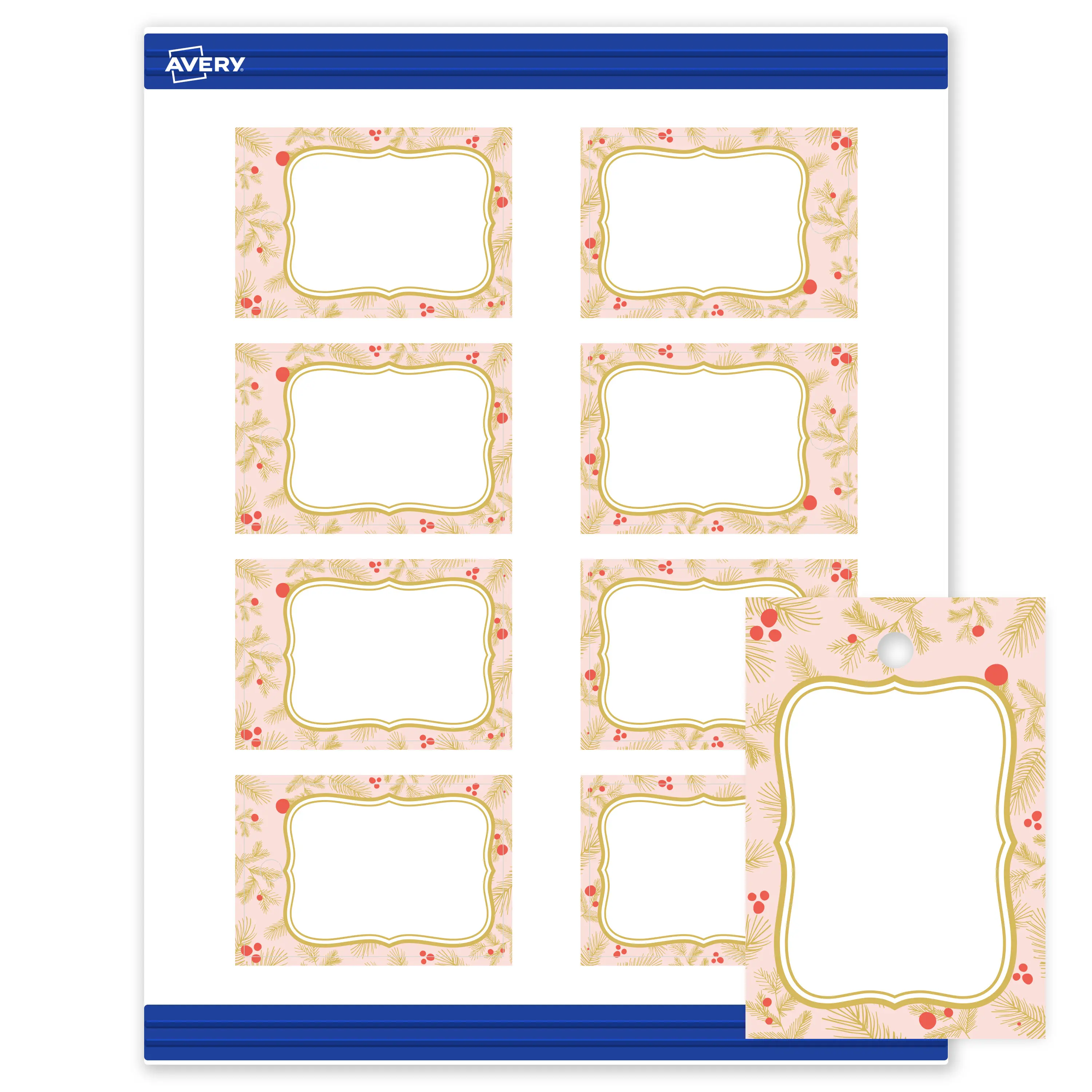 Avery® Printable Christmas Tags with Sure Feed® Technology, Rectangle, 2" x 3", Pre-Printed Pink & Metallic Gold Border with Holly Design, Matte White, Laser & Inkjet Compatible, 80 Total