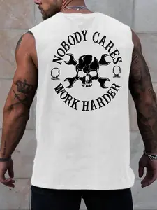 Men's Regular Fit Skull & Letter Print Tank Top, Casual Comfy Sleeveless Top for Summer, Fashion Men's Clothes for Daily Wear, Socks, Halloween, Workout Tank