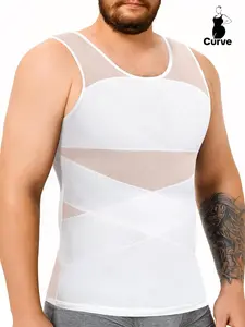 Plus Size Men's Solid Sheer Back Support Tank Top, Breathable Comfortable Tummy Control Shaper Vest, Men's Shapewear for Daily Wear
