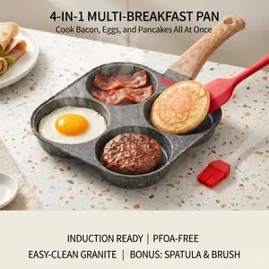 4-in-1 Multifunctional Non-Stick Granite Coating Aluminium Alloy Egg Skillet - Grill, Fry, Oil-Saving, Silicone-Ready, Induction & Gas Compatible Cookware for Bacon, Pancakes