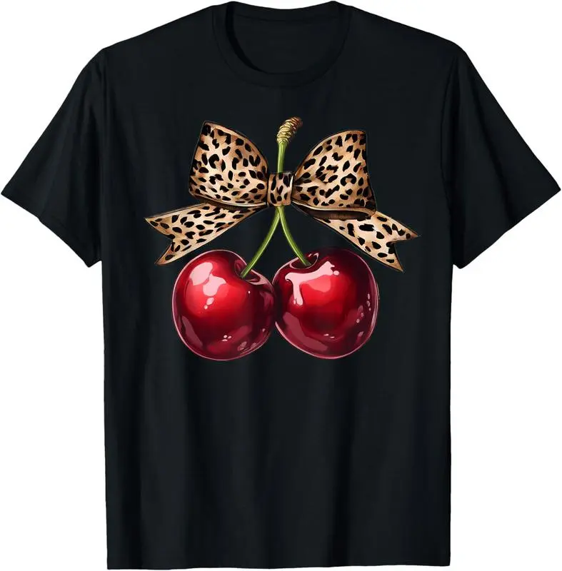 100% cotton Retro Cherry Leopard Coquette Bow Cute Cherries Women Girls T-Shirt women graphic shirts Fit Outfit