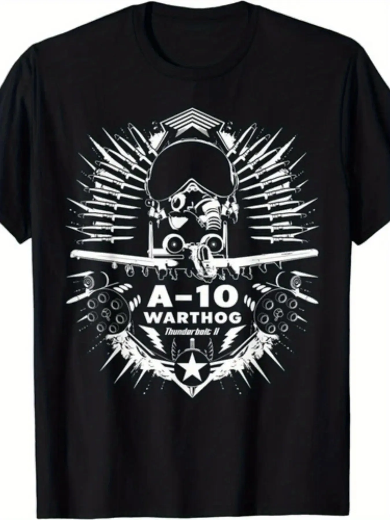 Men'S Thunderbolt II Warthog Aviation Graphic T-Shirt -  Retro Pilot Helmet & A-10 Design, Breathable Crew Neck, Regular Fit Casual Tee for Aviation Enthusiasts, Summer Outfits & Themed Events (Machine Washable, All-Season Wear) - Cool Aircraft