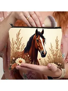 1pc, 2D Print, Elegant Horse Makeup Bag - Brown Horse Head And Floral Wildflowers, Lightweight Cosmetic Organizer with Secure Zipper Closure, Travel Toiletry Pouch, Suitable for Women And Men, Perfect Gift for Horse Lovers