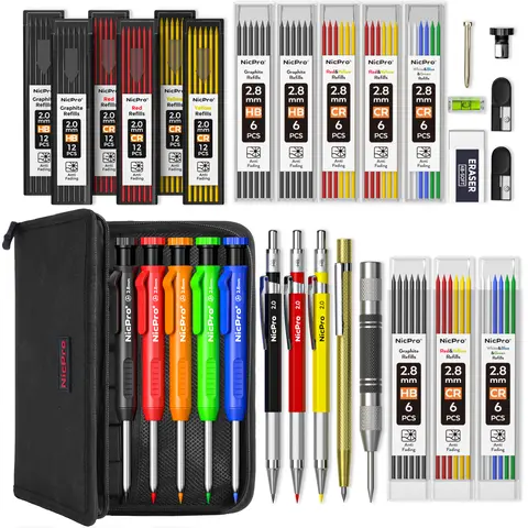 Nicpro 31-Pack Carpenter Pencil Set for Woodworkers - 2mm Drafting Pencils, Sharpener, Carbide Scribe Tool, Heavy-Duty Multi-Size Construction Writing Supplies for Accurate Marking,techvibes