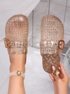 Summer New Heart Rhinestone Square Buckle Mesh Crystal Jelly Rubber Sandals, Women's Anti-Slip Breathable Vacation Casual Slippers, Multiple Colors Available