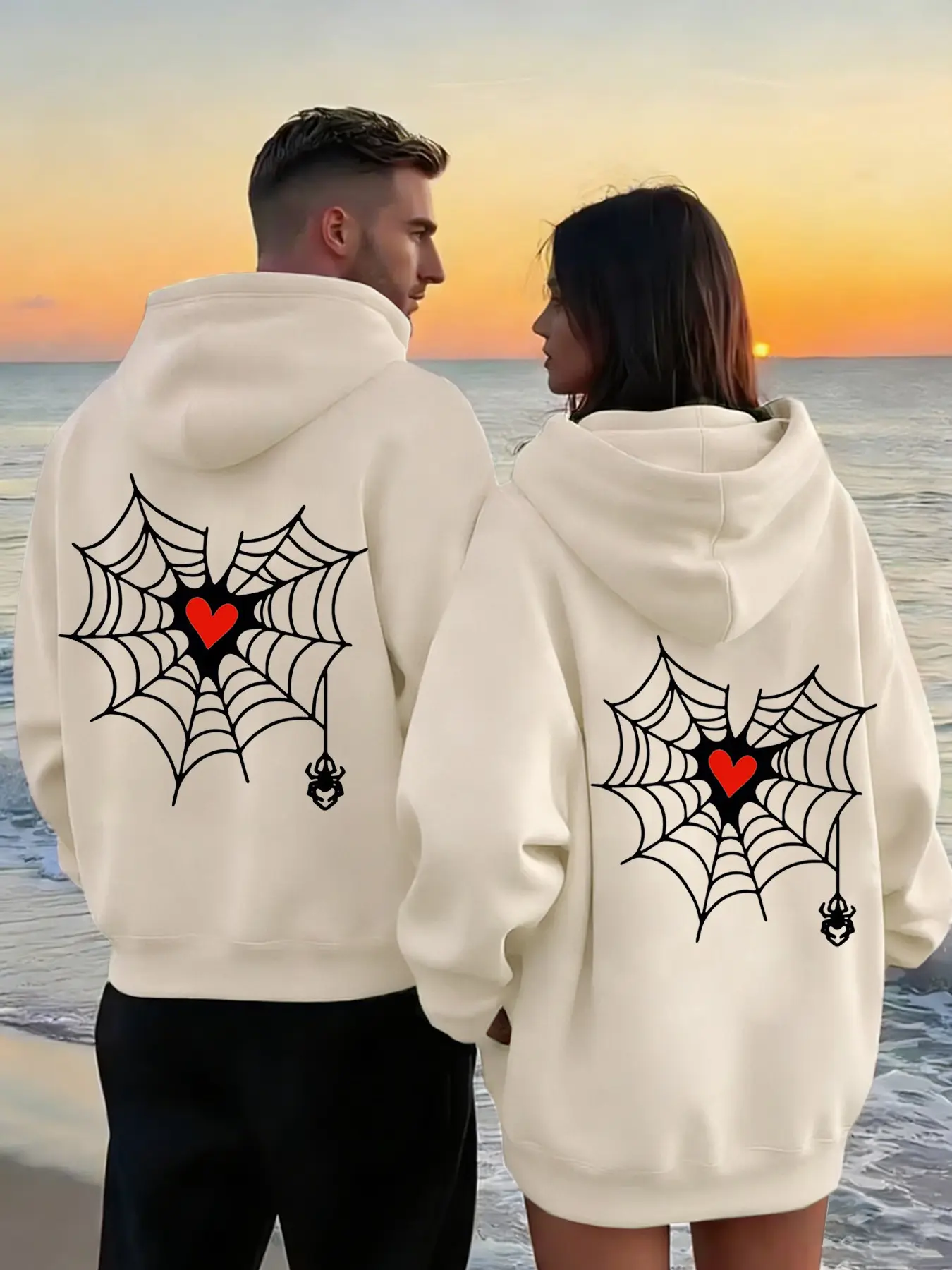Couple Hoodie Set Heart Spider Web Pattern, Long Sleeve, Casual Loose Fit, Baggy, Sweet Print, All Seasons, Perfect for Dates, Home, Shopping