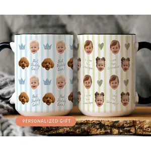 Custom Baby Face Photo Mug for Dad & Grandpa – Personalized Striped Coffee Cup with Custom Text & Pet Picture Gift.