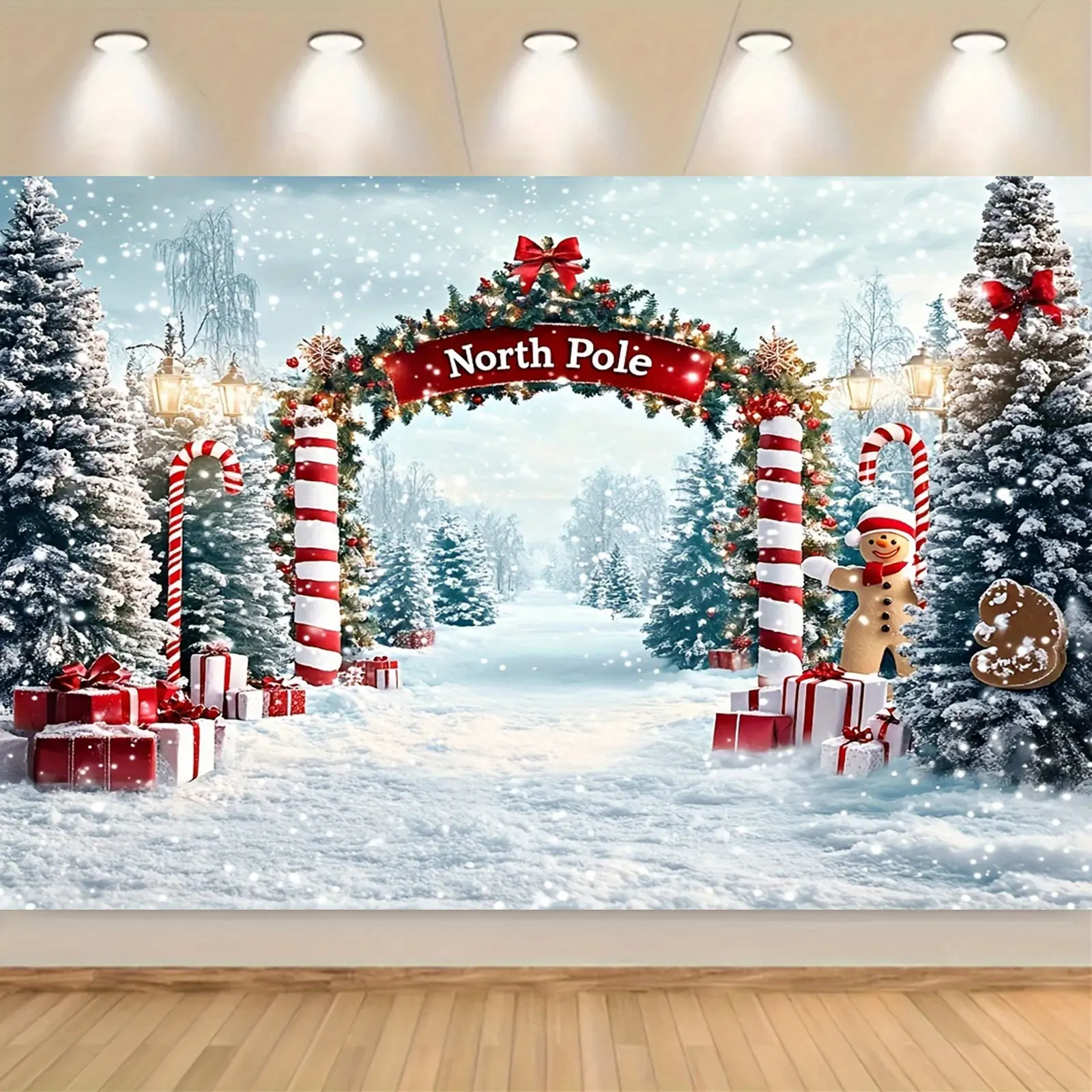 Polyester Festive Christmas Backdrop - Snowy Wonderland with Pine Trees, North Pole, White Arch - Power-Free Holiday Party Banner for Photography, Home Decor - Ideal Gift for Holiday Enthusiasts, White Arch Backdrop, One-Piece