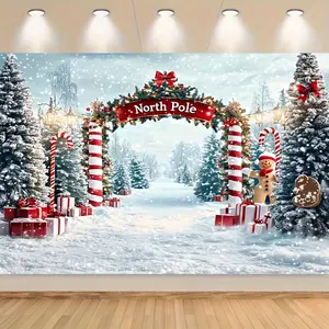 Polyester Festive Christmas Backdrop - Snowy Wonderland with Pine Trees, North Pole, White Arch - Power-Free Holiday Party Banner for Photography, Home Decor - Ideal for Holiday Enthusiasts, White Arch Backdrop