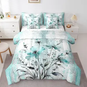Abstract Oil Painting Beddings 7 Piece for Girls - Rustic Farmhouse Comforter Set with Teal Autumn Floral,Ombre Turquoise Blue Gray Bed Set