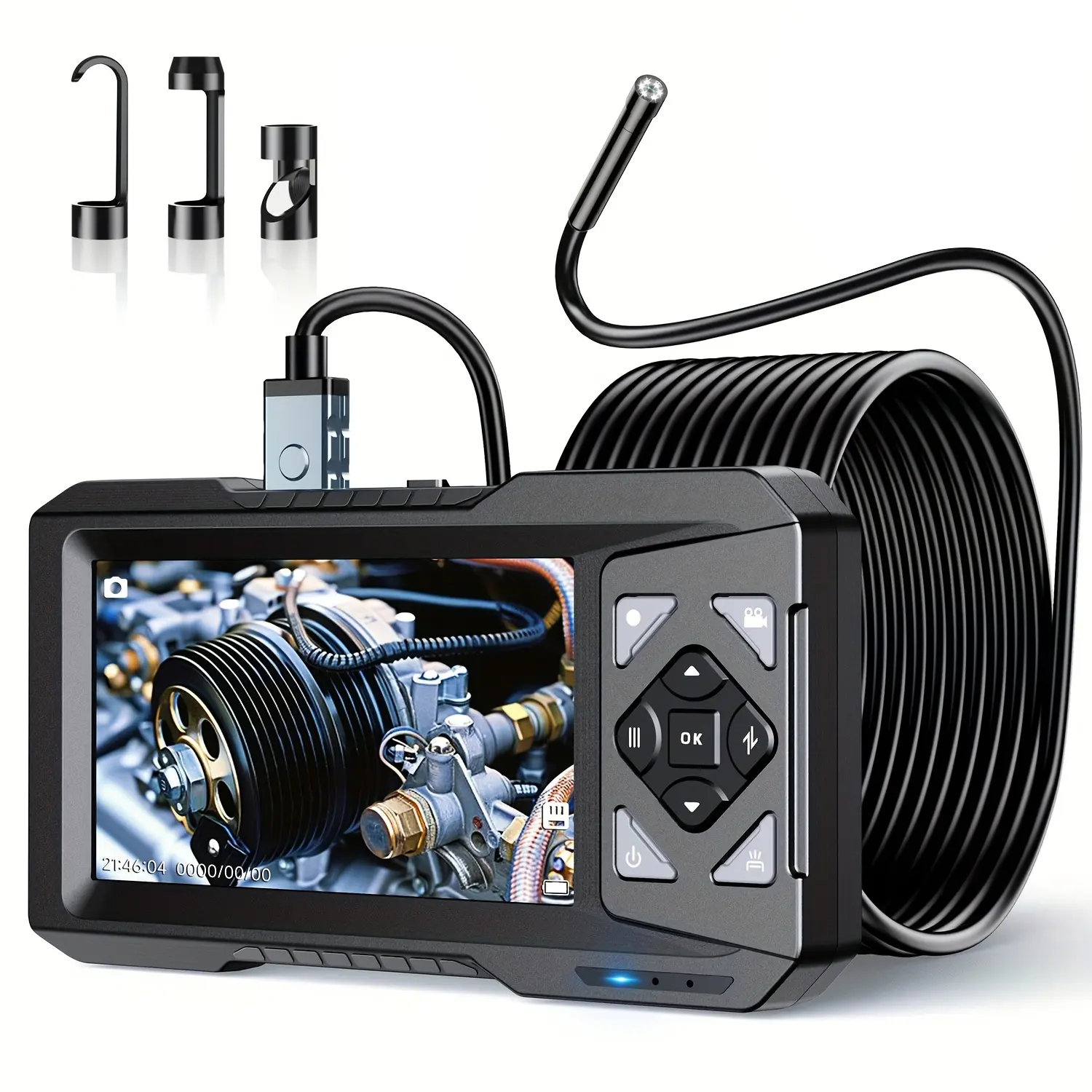 Aikokk 1080P HD Endoscope Camera with 2nd CMOS Chip, 4.3-inch IPS Screen Car/Home Inspection Tool - 5.5mm IP67 Waterproof Ultra-Thin Probe, 6 Adjustable LED Lights, 16.4ft Semi-Rigid USB Cable, 4 Hours Runtime, Plug-N-Play Video Capture Device, Tools And
