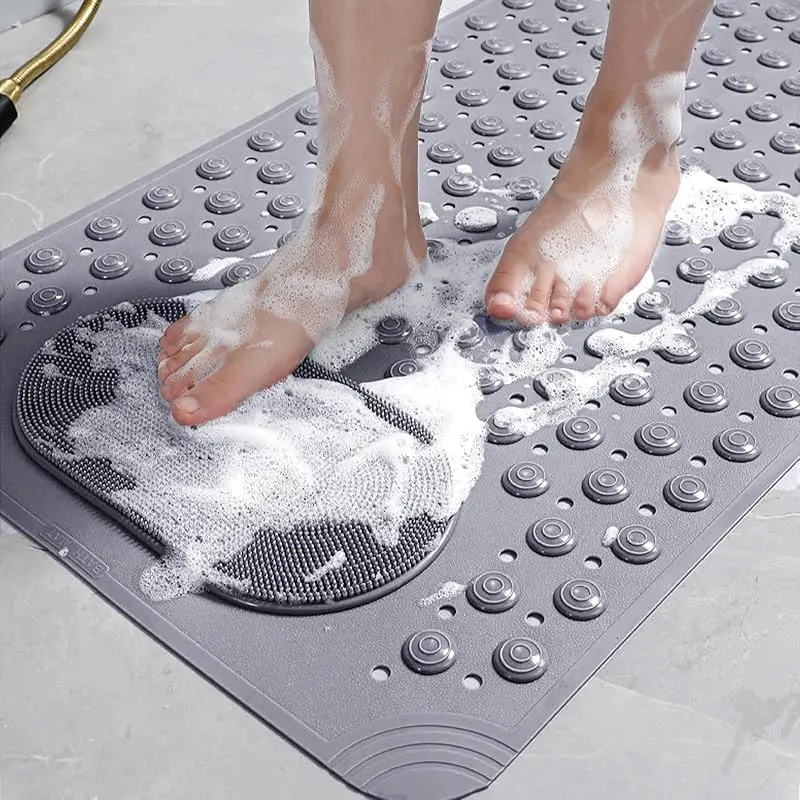 Anti Slip Bathtub Mat 27x14 Inch Foot Scrub Massage Shower Pad Suction Cup Fixed Drain Hole Design Portable Easy Storage for Household Bathroom Tub Safety Non Slip Shower Mats For Inside Shower Foot Scrubber Mat Nonslip Bathtub Mat