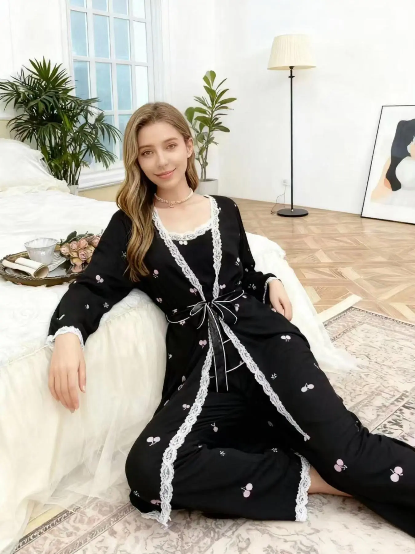 Elegant Women's Sleepwear Set, Cherry Print Lace Trim, Sexy Sleeveless Top, Long Pants Three-Piece Suit, Cool Breathable Pajamas