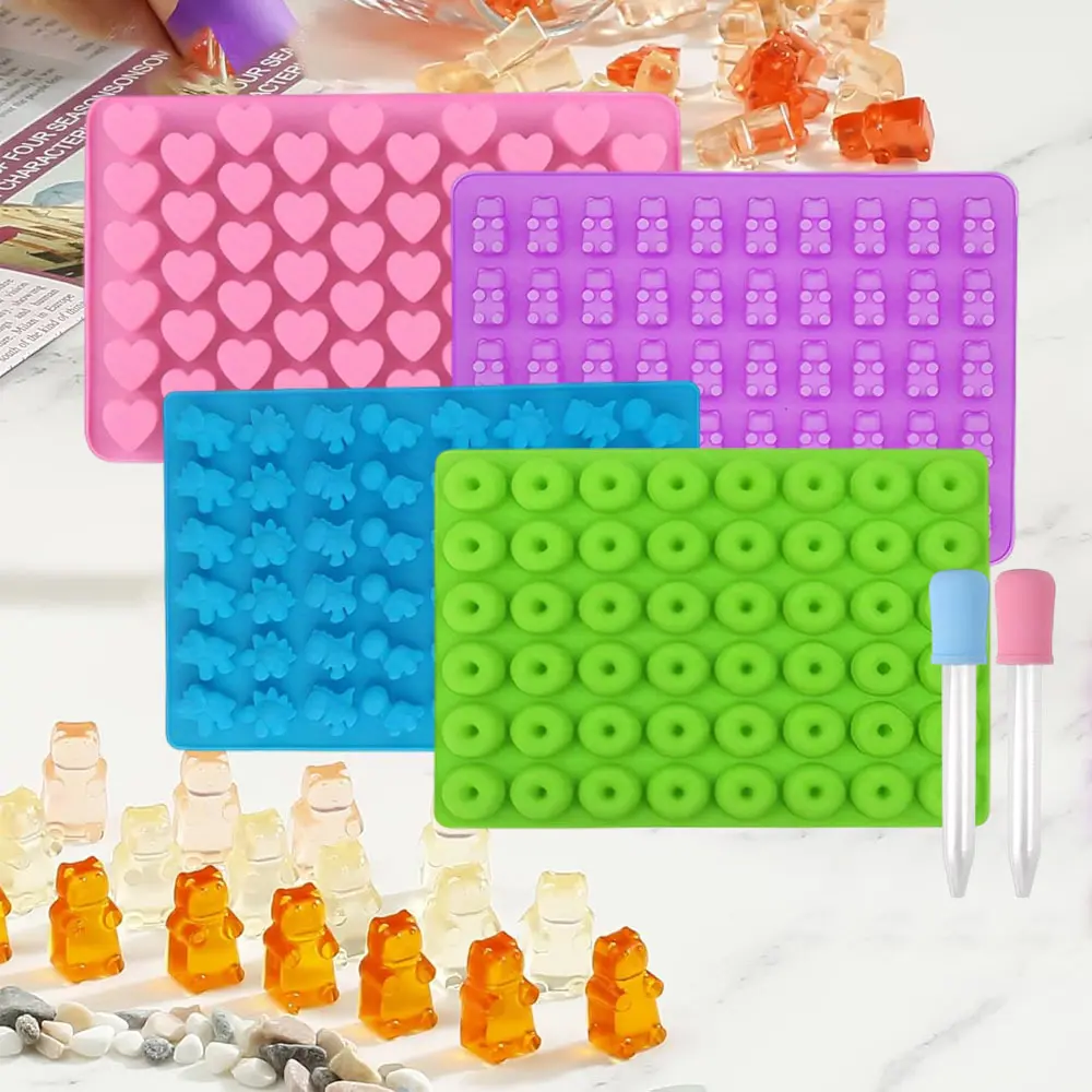 4PCS Silicone Gummy Candy Molds with 2PCS Droppers Mini Non-Stick Silicone Baking Molds Including Dinosaur Bear Hearts and Donut Gummie Chocolate Mold Party Christmas Favor